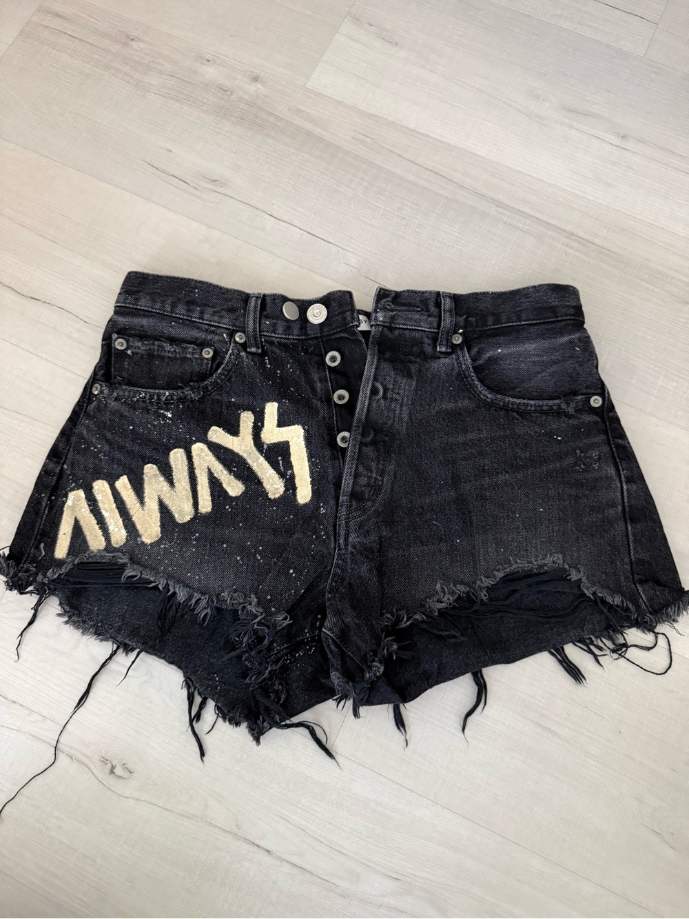 Moussy Black Distressed Graphic Denim Shorts